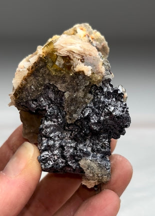 Yellow Fluorite with Barite Flowers and Metallic Galena