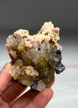 Yellow Fluorite with Barite Flowers and Metallic Galena