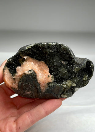 Druzy Black Chalcedony Geode with Pink Stilbite