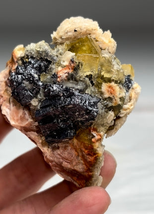 Yellow Fluorite with Barite Flowers and Metallic Galena