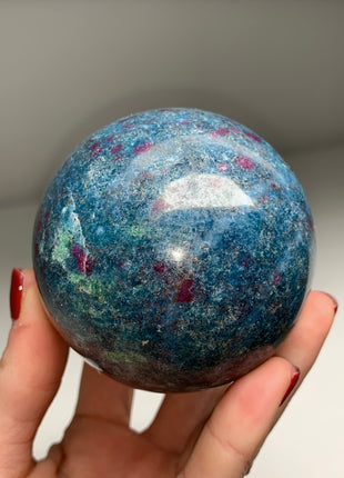Ruby with Gorgeous Blue Kyanite, Green Fuchsite 73 mm Sphere