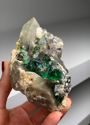 Gemmy Green Fluorite w/ Quartz, - From Erongo, Namibia # PM074