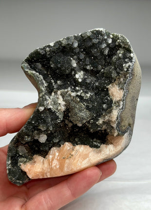 Druzy Black Chalcedony Geode with Pink Stilbite