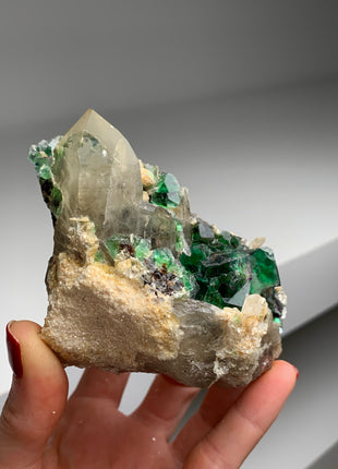 Gemmy Green Fluorite w/ Quartz, - From Erongo, Namibia # PM074