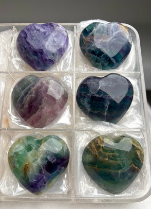 Green Purple Fluorite Hearts - 6 Piece Lot