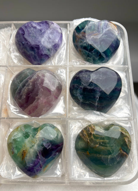 Green Purple Fluorite Hearts - 6 Piece Lot