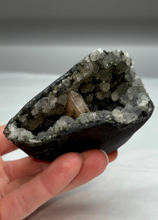 Druzy Black Chalcedony with Pink Stilbite Geode