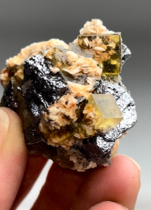 Yellow Fluorite with Barite Flowers and Metallic Galena