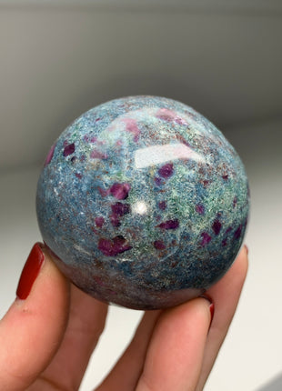 Ruby with Gorgeous Blue Kyanite, Green Fuchsite 52 mm Sphere