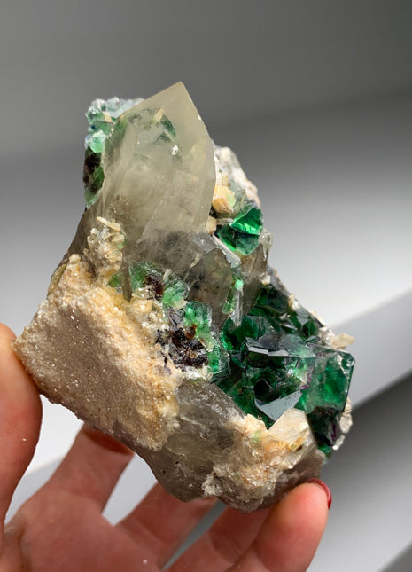 Gemmy Green Fluorite w/ Quartz, - From Erongo, Namibia # PM074