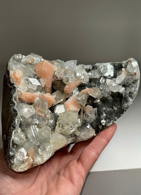 Gemmy Apophyllite with Pink Stilbite and Blue Chalcedony Geode