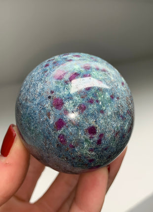 Ruby with Gorgeous Blue Kyanite, Green Fuchsite 52 mm Sphere