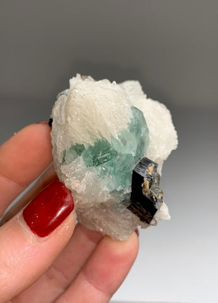 New ! Glassy Black Tourmaline with Snow Albite Flowers and Green Fluorite