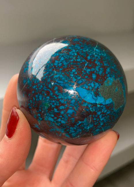 Bright Blue Chrysocolla with Red Cuprite and Green Malachite 62 mm Sphere