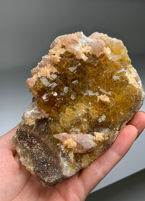 Cubic Yellow Fluorite with Pinkish Dolomite and Calcite - From Spain