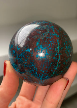 Bright Blue Chrysocolla with Red Cuprite and Green Malachite 62 mm Sphere