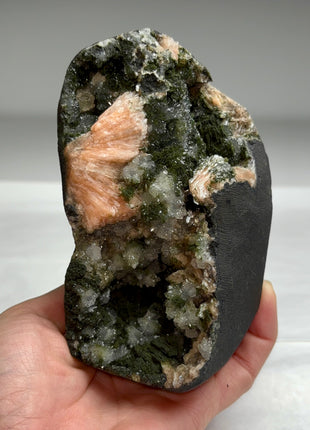 Druzy Black Chalcedony Geode with Pink Stilbite