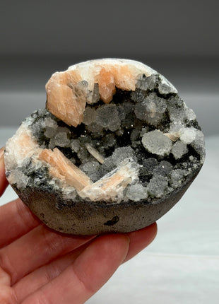 Druzy Black Chalcedony Geode with Pink Stilbite