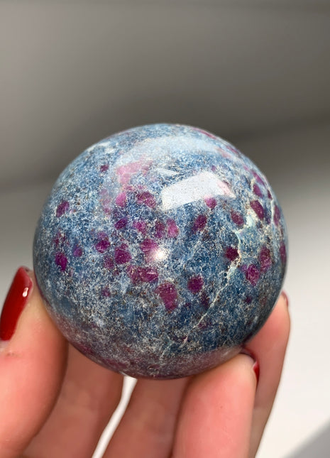 Ruby with Gorgeous Blue Kyanite, Green Fuchsite 47 mm Sphere