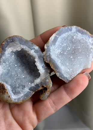 3 Pieces ! Blue Chalcedony and Quartz Geode Lot - Both Halves