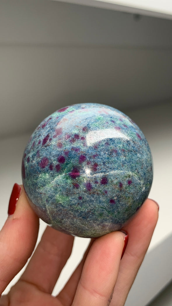 Ruby with Gorgeous Blue Kyanite, Green Fuchsite 56 mm Sphere