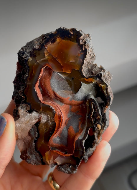 Silvery ! Red Fox Agate Geode from Argentina PM1541