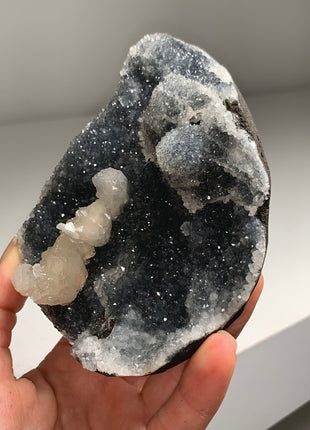 Druzy Blue Chalcedony Geode with Stilbite Flower