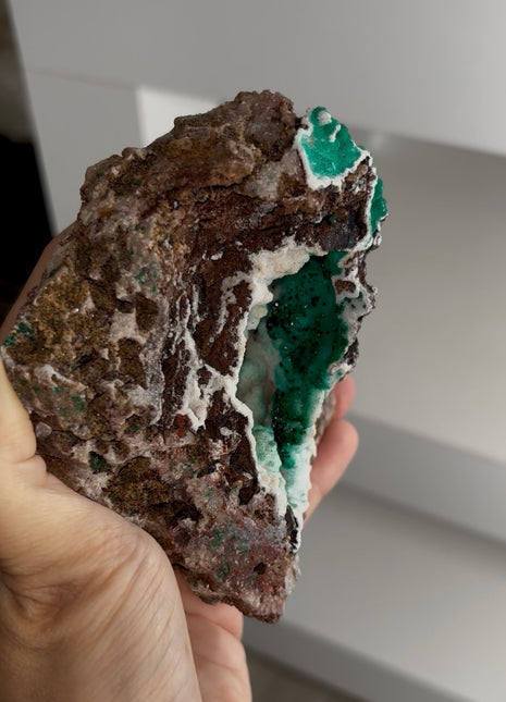 Magical ! Snow Chalcedony with Green Malachite Geode