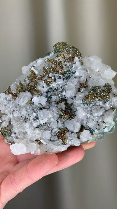 Rainbow Chalcopyrite with Hexagonal Calcite over Green Fluorite 🌈