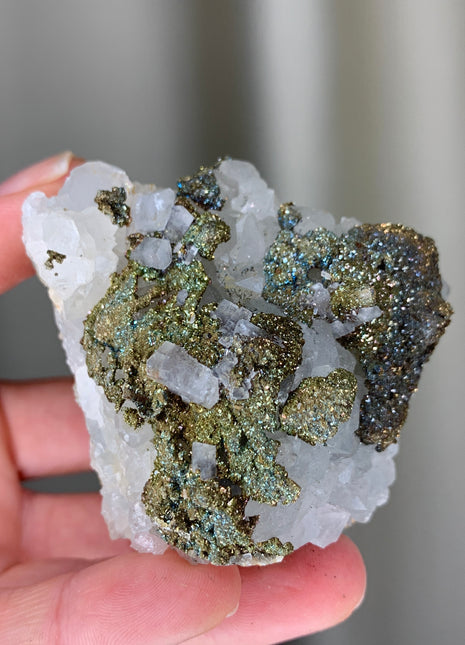 Rainbow Chalcopyrite with Quartz, Calcite over Green Fluorite