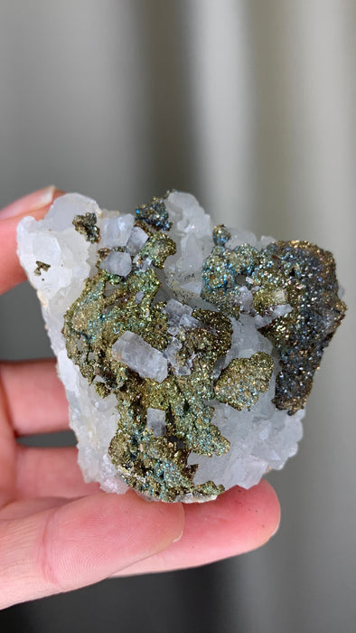 Rainbow Chalcopyrite with Quartz, Calcite over Green Fluorite