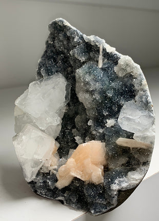 Druzy Black Chalcedony Geode with Apophyllite and Stilbite