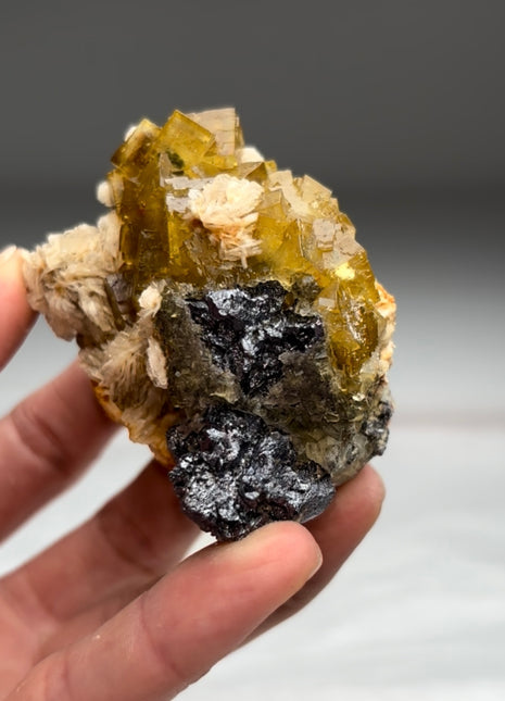 Yellow Fluorite with Barite Flowers and Metallic Galena