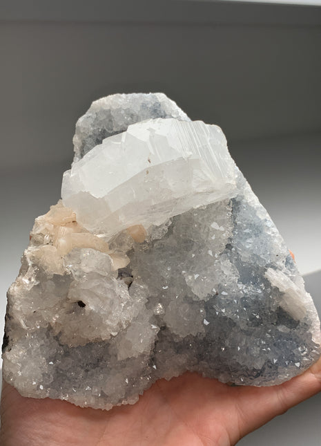 Blue Chalcedony with Apophyllite and Pink Stilbite