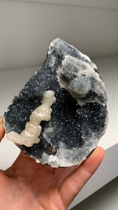 Druzy Blue Chalcedony Geode with Stilbite Flower