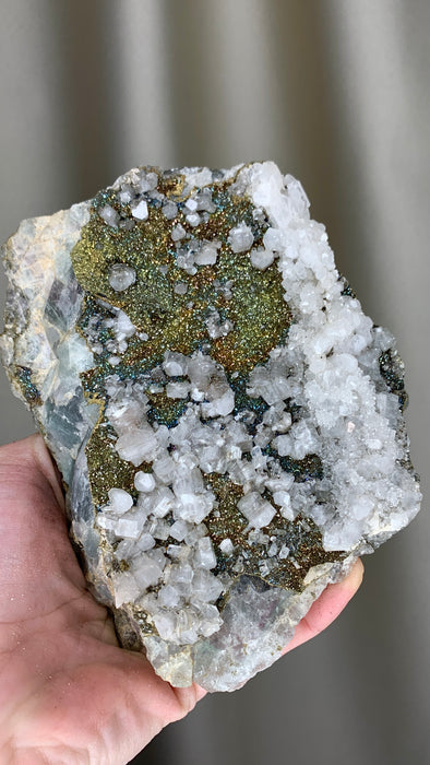 Stunning ! Rainbow Chalcopyrite with Hexagonal Calcite over Green Fluorite 🌈