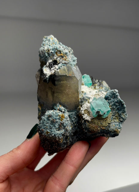 Green Fluorite with Smoky Quartz from Namibia