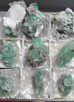 9 Pieces ! High Grade Green Apophyllite with Stilbite, Chalcedony