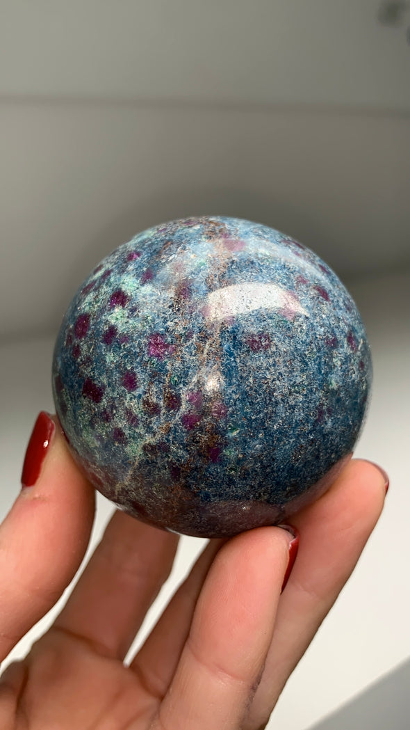 Ruby with Gorgeous Blue Kyanite, Green Fuchsite 57 mm Sphere