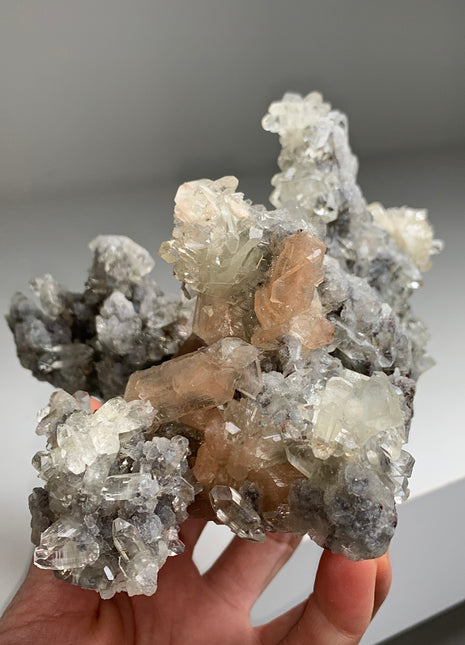 Wow ! Blue Chalcedony Stalactite with Gemmy Apophyllite and Pink Stilbite