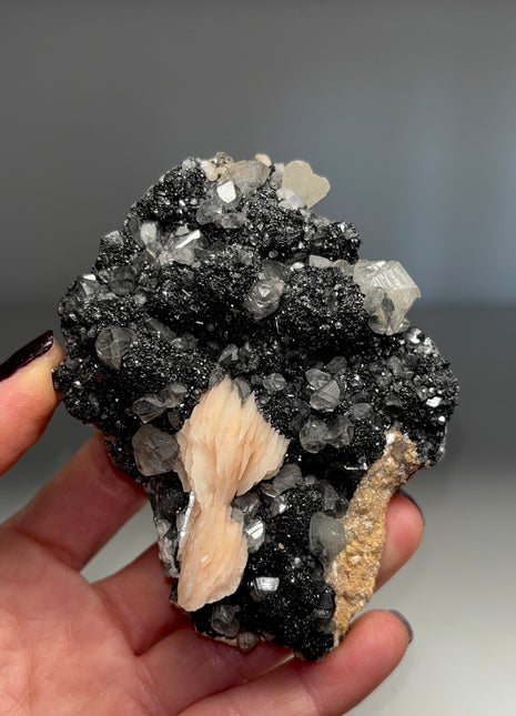 Pink Barite Flower with Cerussite and Sparkling Galena