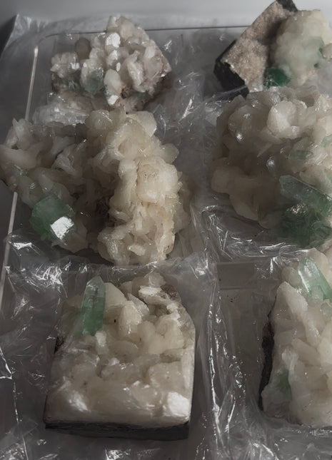 6 Pieces ! Gemmy Green Apophyllite with White Stilbite Lot