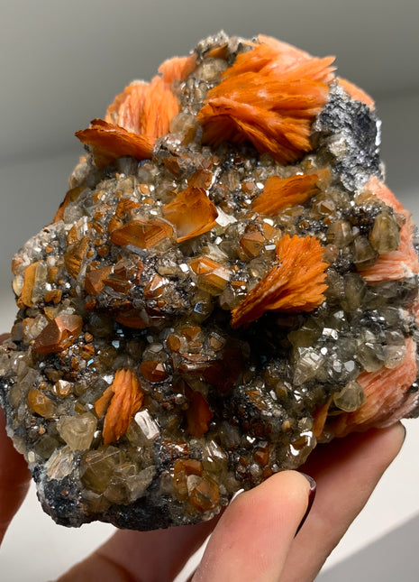 Orange Bladed Barite with Golden Cerussite and Metallic Galena - Wow !