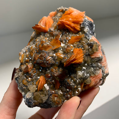 Orange Bladed Barite with Golden Cerussite and Metallic Galena - Wow !