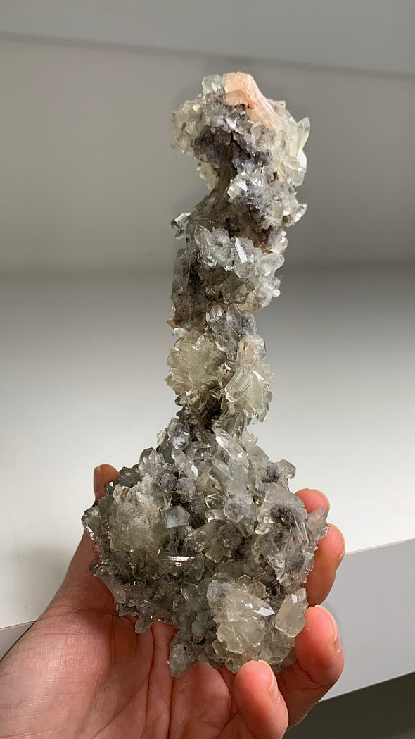 Wow ! Blue Chalcedony Stalactite with Gemmy Apophyllite and Pink Stilbite