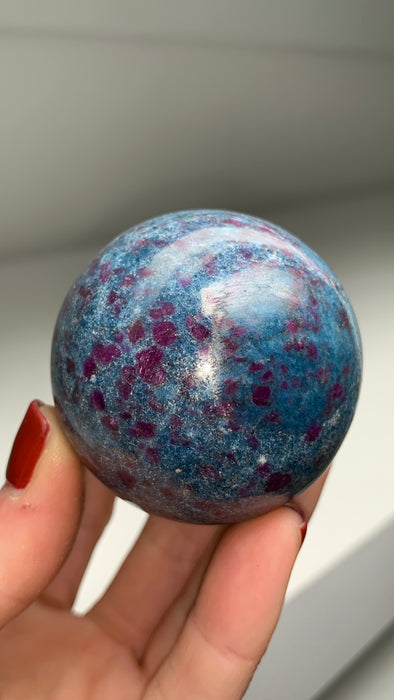 Ruby with Gorgeous Blue Kyanite, Green Fuchsite 52 mm Sphere