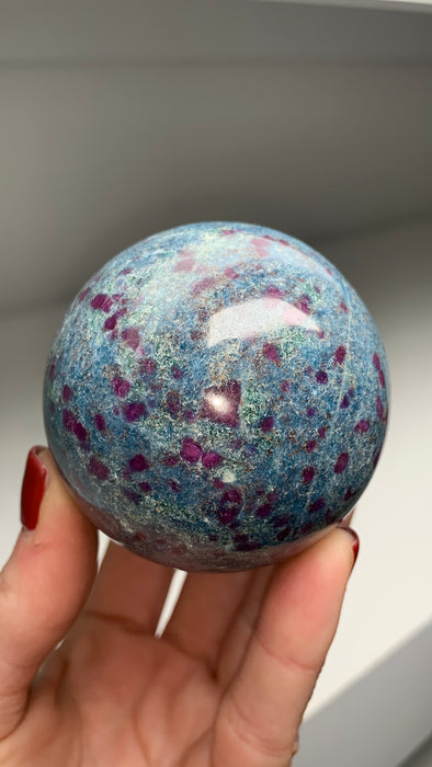 Ruby with Gorgeous Blue Kyanite, Green Fuchsite 61 mm Sphere