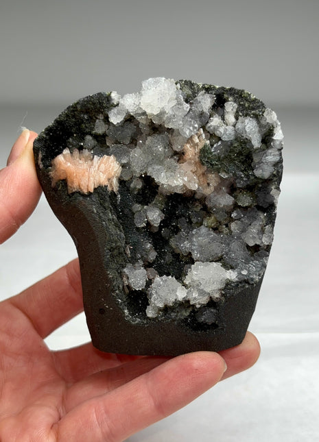 Druzy Black Chalcedony Geode with Pink Stilbite
