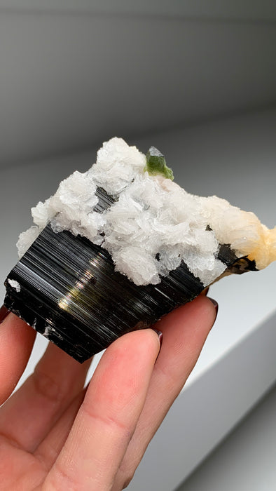 New Arrival ! Black Tourmaline with Snow Albite Flowers and Muscovite
