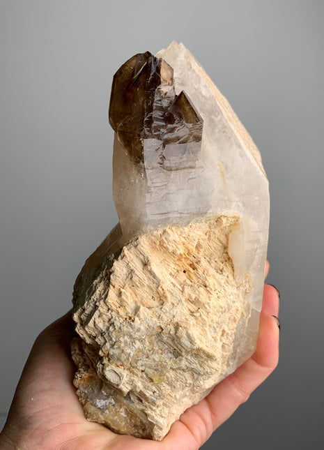 Elestial Smoky Quartz on White Quartz - From Namibia